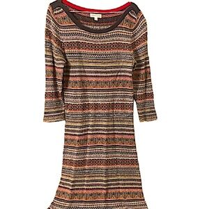 Monsoon Fairisle Crew Neck Knit Gray Long Sleeves Pullover Vintage Dress